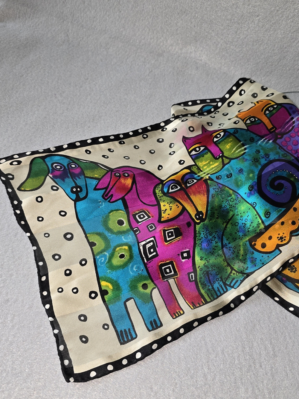 Vtg Laurel Burch Bold Multicolor Cat Dog Silk Scarf with Teal, Purple & Pink - Picture 2 of 7